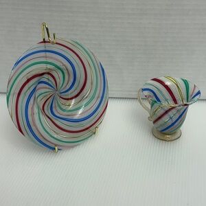 Vintage Murano Latticino Pastel Colors Gold Ribbon Art Glass Teacup and Saucer